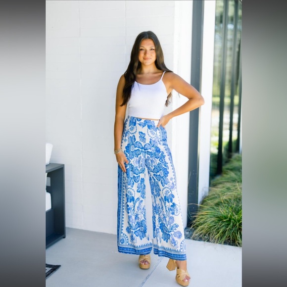 Umgee Pants - Blue Hawaii Printed Palazzo Pants by Umgee
